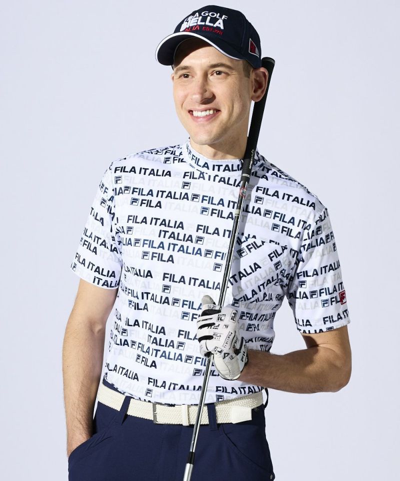 FILA GOLFメンズ モックネック総柄半袖シャツ｜吸汗速乾 / UV