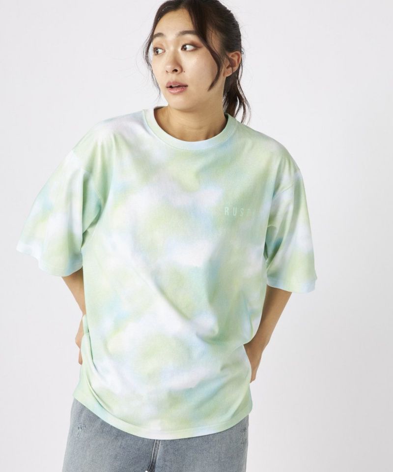 RUSTYレディース ニコちゃん相良刺繍Tシャツ 襟ワンポイント